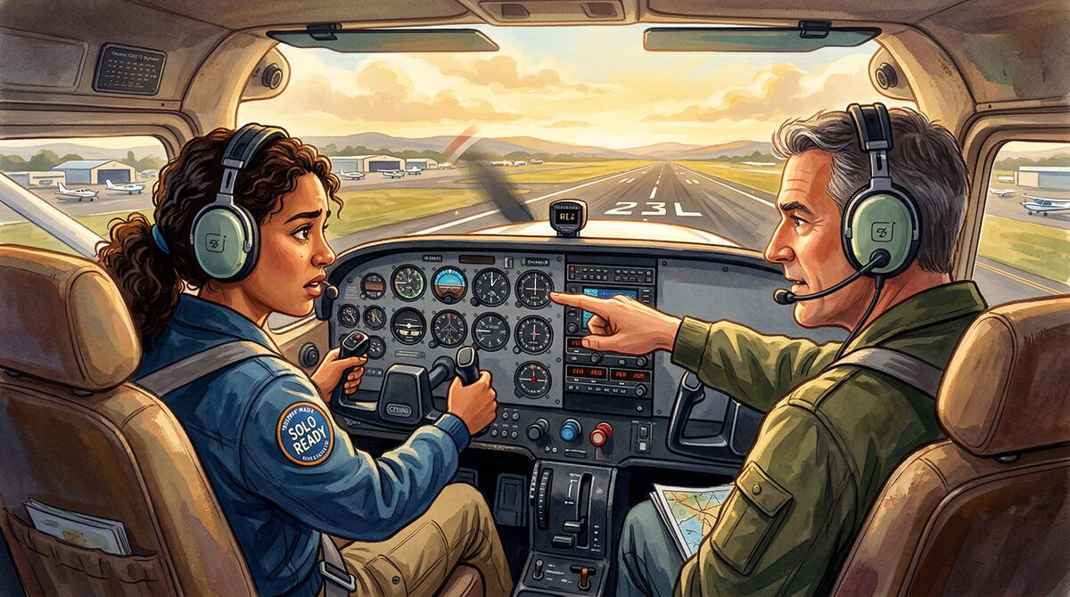 Student pilot with instructor in Cessna cockpit