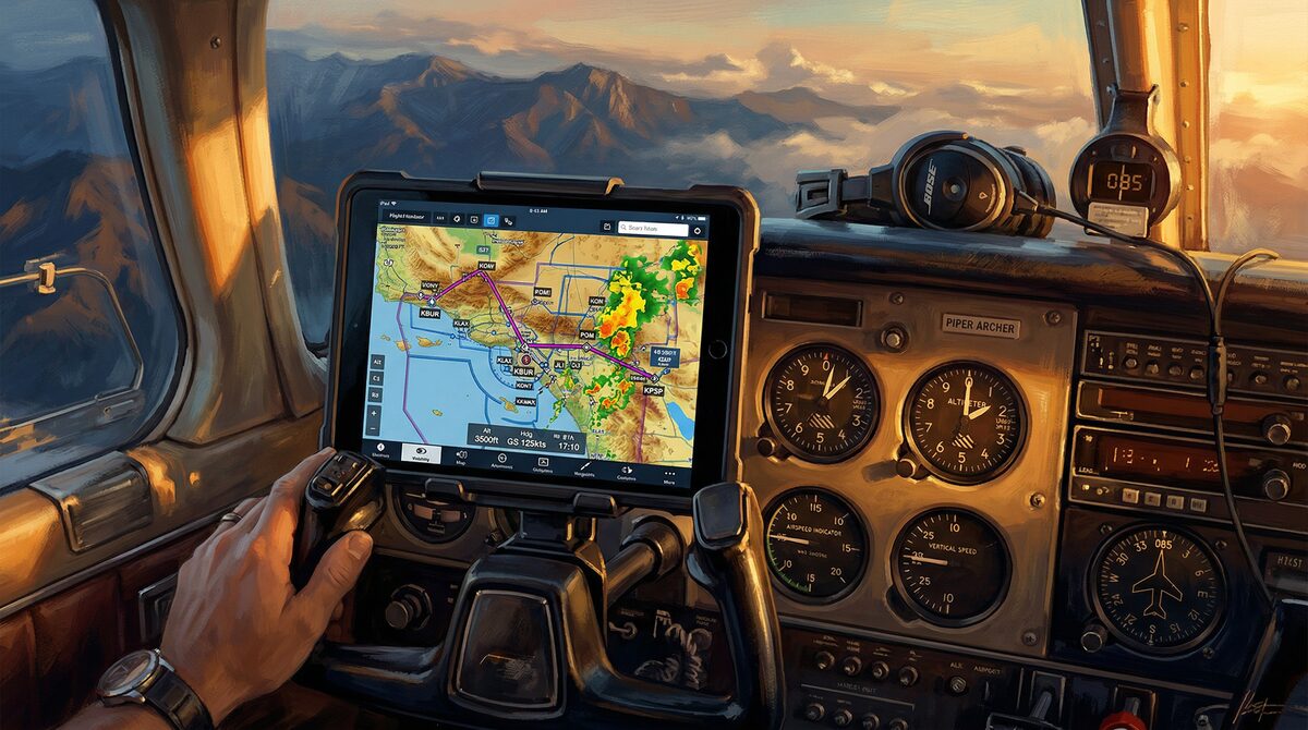 iPad mounted on cockpit yoke bracket showing ForeFlight flight planning map