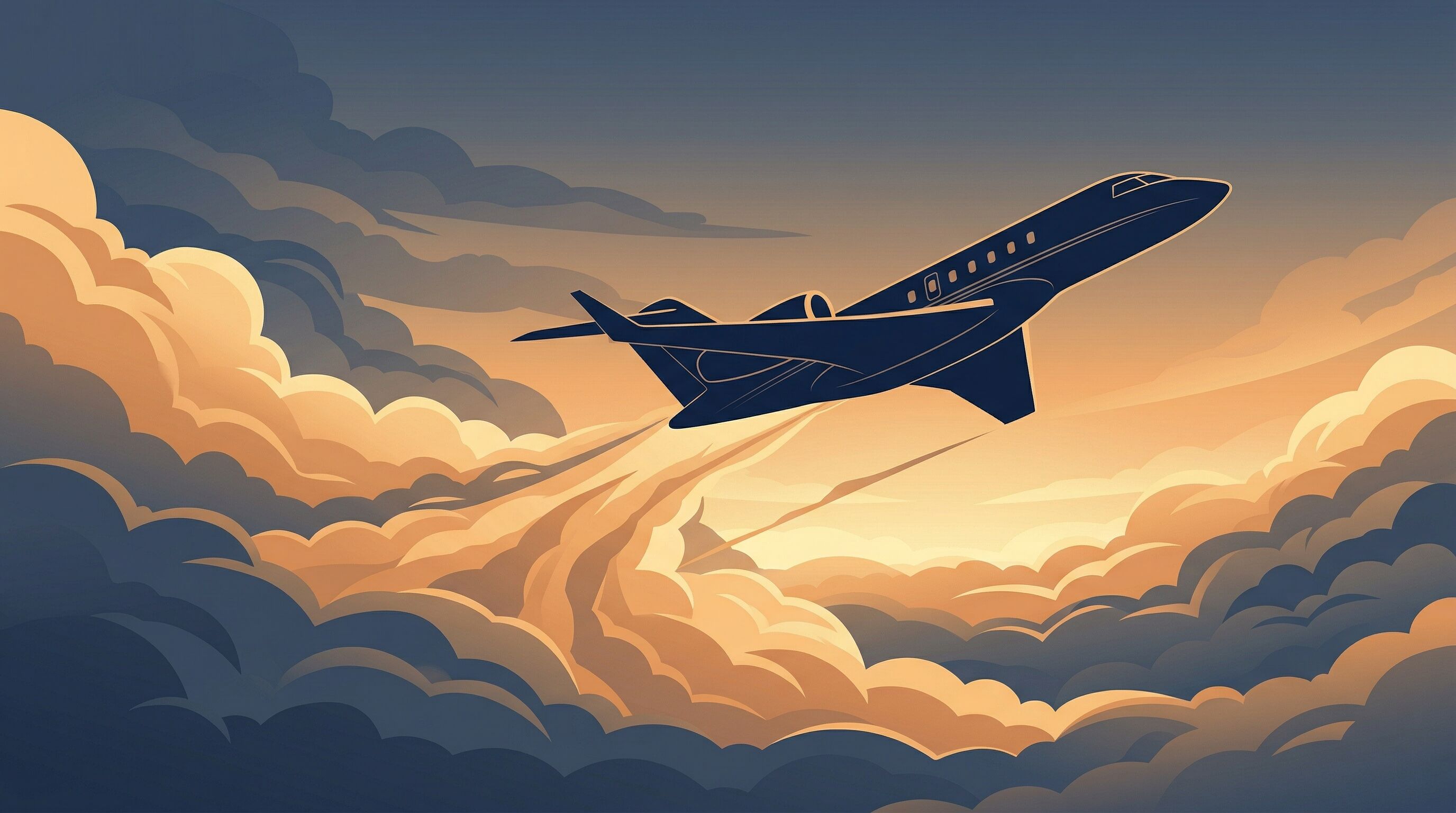Illustrative artwork of an aircraft ascending through dramatic clouds at dawn